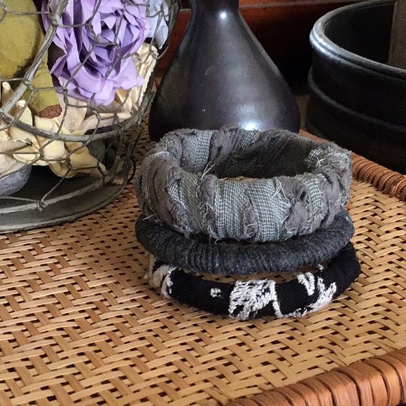 Hand Crafted Jewelry - Boho Fabric stacking bracelets - 3 total gray/blk